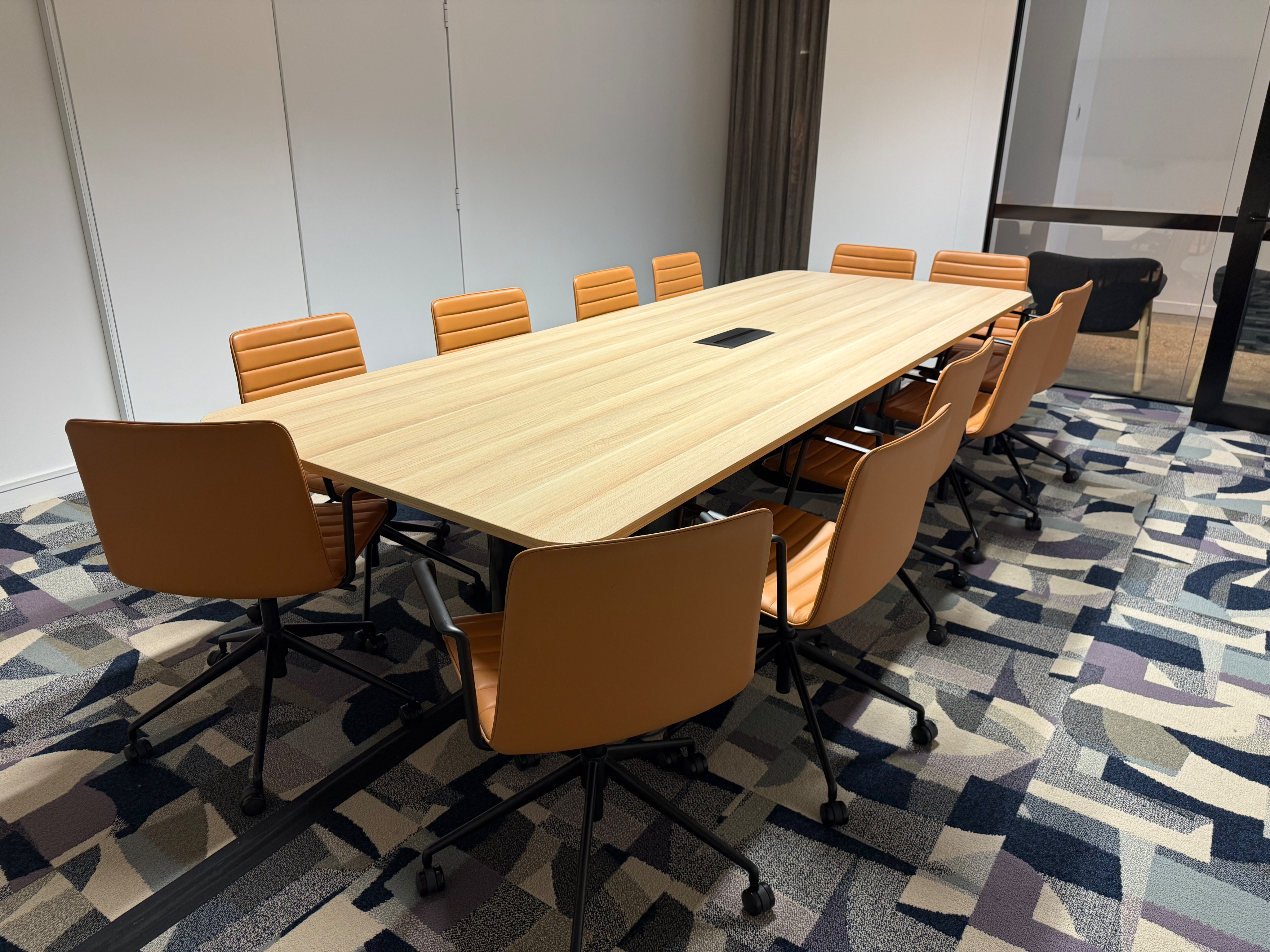 Boardroom & Meeting Setting - 3200 x 1200 Board Table, 1200 Round Table, 17 Meeting Chairs, 2 Seat Reception Setting