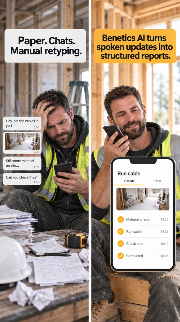 Benetics AI story ad showing manual paperwork beside structured reports